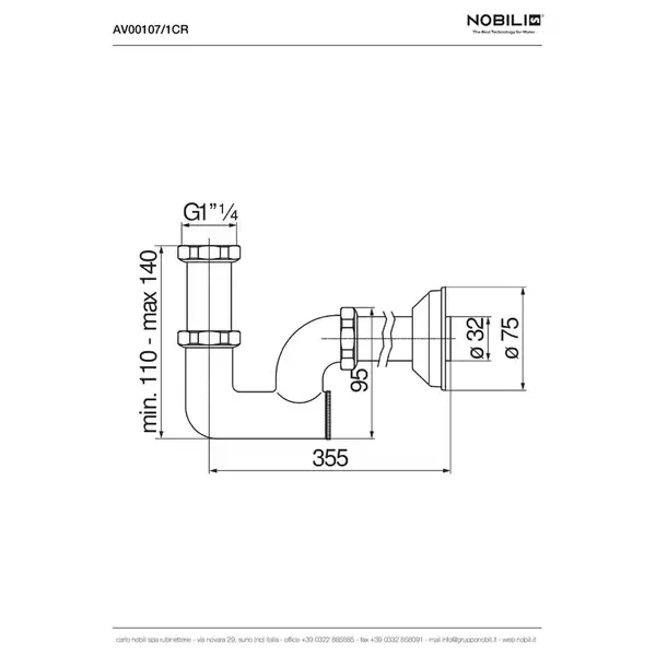 AV00107/1СR Сифон під донний клапан хром Nobili ІТАЛІЯ (AV00107/1CR)