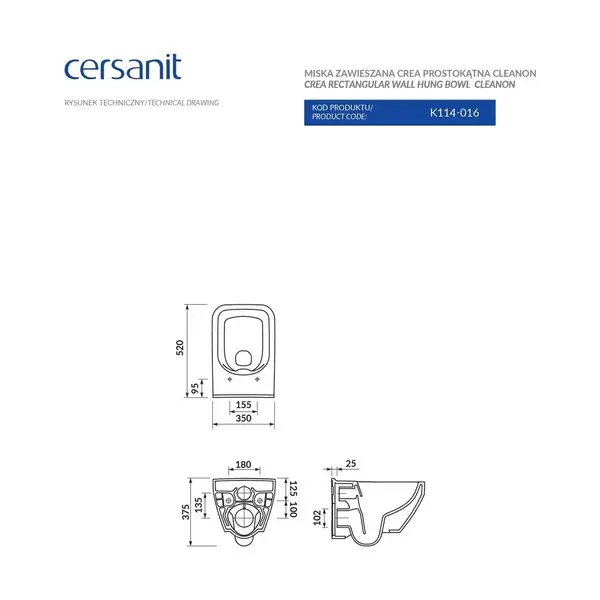 Cersanit Crea Унитаз подвесной прямоугольный, белый (CCHZ1001341986)