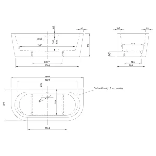 Ванна акриловая, пристенная, с установленной системой Knief Fresh Wall 180 x 80 см, со сливом-переливом (0100-231-06+0100-091-06) фото 3 Aquada.com.ua