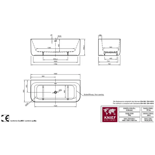 Ванна акрилова Knief Tidy 180x80 (0100042/010009106) (0100042_010009106)