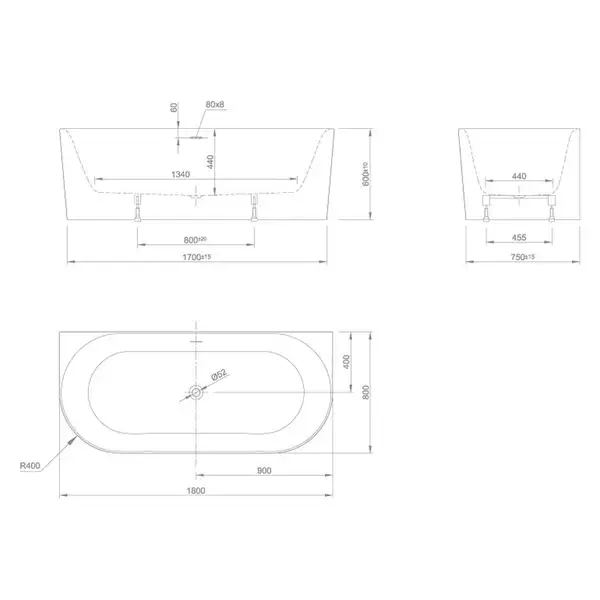 Ванна акрилова Knief Fresh Wall 180x80, Click-Clack з виливом, білий глянсовий (010023107/010009107) (010023107_010009107)