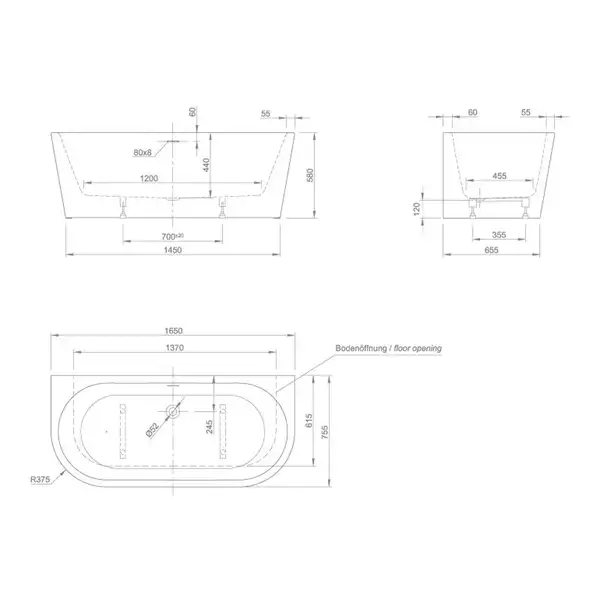 Ванна акрилова Knief Wall XS 165х75 з переливом Slot overflow, білий глянсовий (100255/010009106S) (0100255_010009106S)