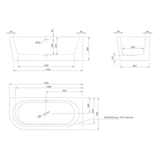 Ванна акрилова Knief Wall Corner Left з щілинним переливом, 180x80 (0100277CL / 010009106S) (0100277CL_010009106S)