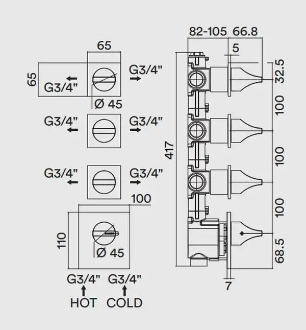 Змішувач для душу з термостатом Bossini APICE на 3-6 виходу, хром (Z035205030)