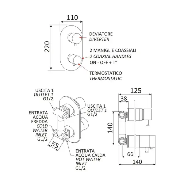 Mariani Wellness Термостат для душу 2 напрямки, хром (126T1) Mariani Wellness Термостат для душу 2 напрямки, хром (126T1)