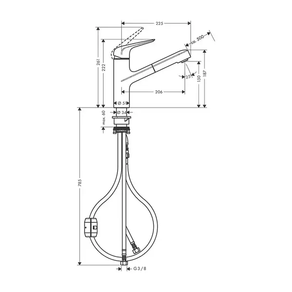 Кухонный смеситель 150, с вытяжным изливом, 1jet Hansgrohe Focus M42 (цвет - сталь) 71814800