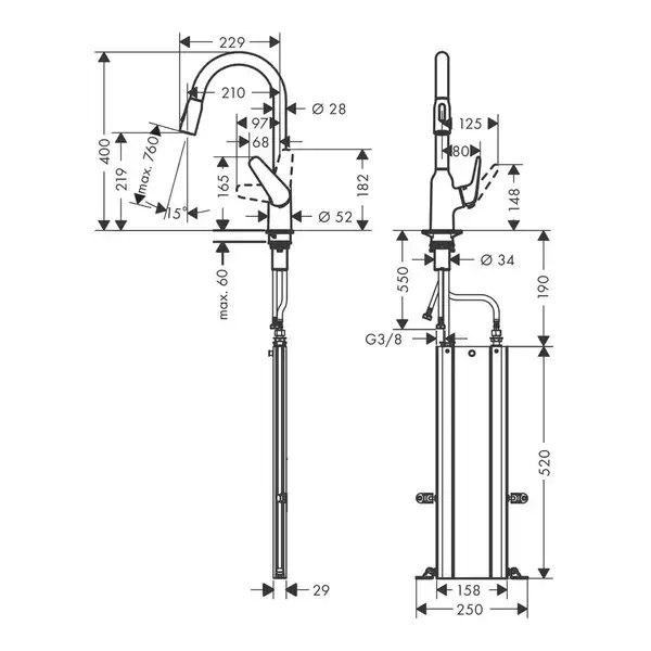 Змішувач для кухні Hansgrohe Focus M42-H220 2Jet з висувним виливом, Sbox, хром (71820000)