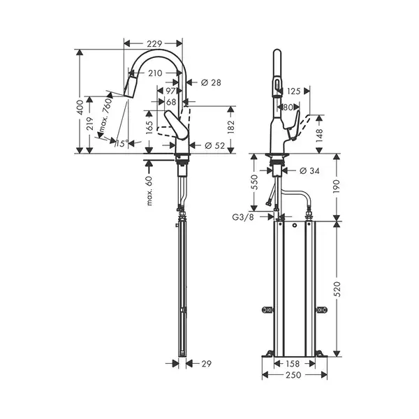 Кухонный смеситель 220, с вытяжным душем, 2jet sBox Hansgrohe Focus M42 (цвет - сталь) 71820800
