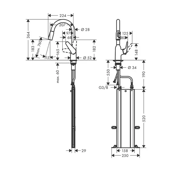 Кухонный смеситель 180, с вытяжным душем, 2jet sBox Hansgrohe Focus M42 (цвет - сталь) 71821800