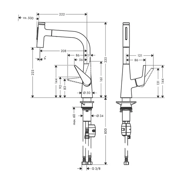 Кухонный смеситель 220, с вытяжным душем, 2jet Hansgrohe Talis Select M51 (цвет - хром) 72824000