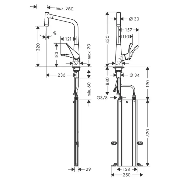 Смеситель для кухни 320 Hansgrohe Metris M71 2jet (цвет - сталь) 73801800