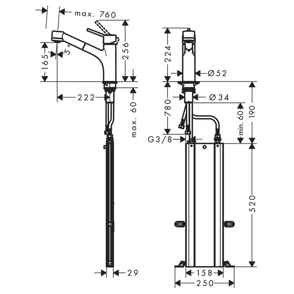 Смеситель для кухни 170, с вытяжным душем, 2jet Hansgrohe Talis M52 (цвет - сталь) 73860800