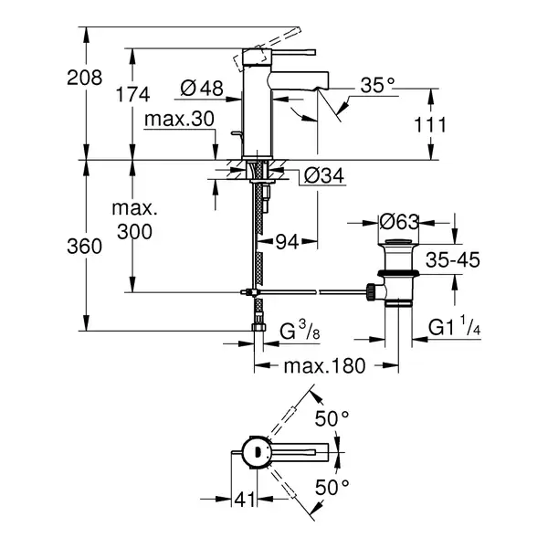 Змішувач для умивальника Grohe Essence New S-Size з донним клапаном, хром (24175001) Змішувач для умивальника Grohe Essence New S-Size з донним клапаном, хром (24175001)