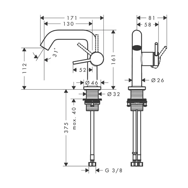 Смеситель для раковины 110 Fine CoolStart Hansgrohe Tecturis S (цвет - хром), без донного клапана 73321000